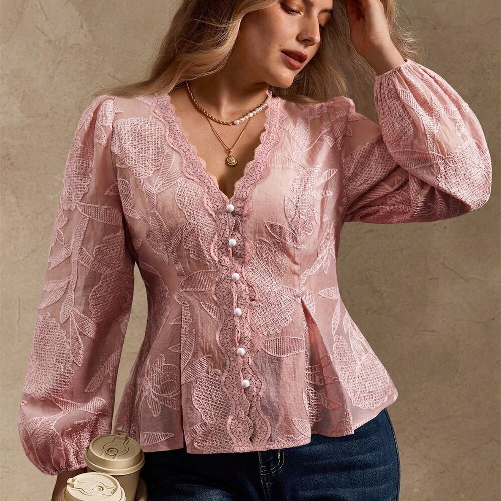 Plus Size Pink Elegant Women's Lace Ruffle French Blouse
